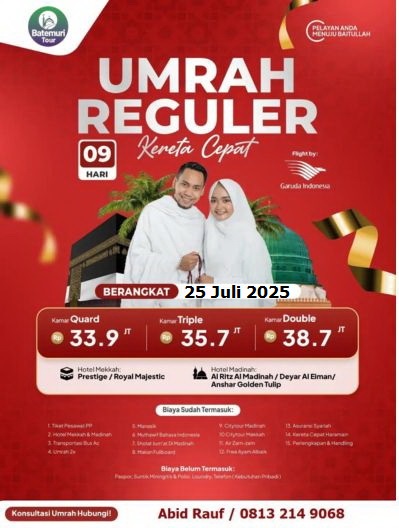 Umrah Reguler 9 Hari, Kereta Cepat, Btt Ahz, Keberangkatan 25 Juli 2026